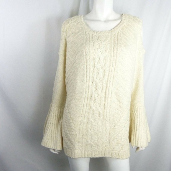 G.I.L.I Cable Knit Cold Shoulder Sweater With Bell Sleeves In Vanilla Cream - Picture 2 of 16